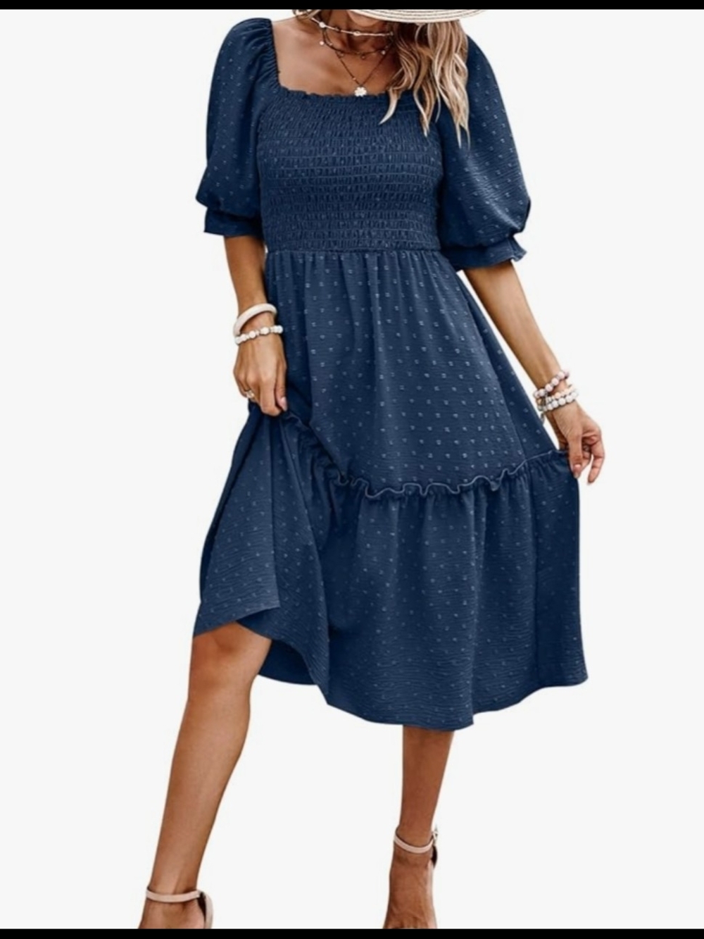 Women's Navy Puff Sleeve Smocked Maxi Dress